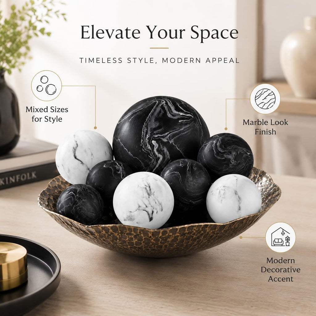 Black & White Small Set of 8 Marble Look Decorative Balls for Bowls - Decorative Orbs Spheres for Coffee Table