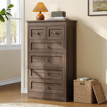 Tall 6 Drawer Dresser, Gray Walnut Modern 43.3'' Tall Wood Chest of Drawers, Storage Organizer with Smooth Metal