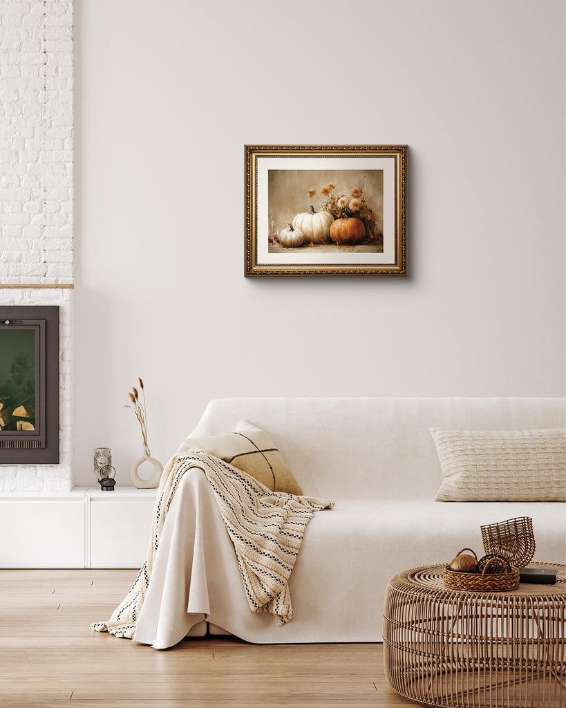 Gold Framed Canvas Wall Art, Autumn Pumpkin Art Prints, Fall Harvest Decor for Living Dining Room Kitchen Fireplace