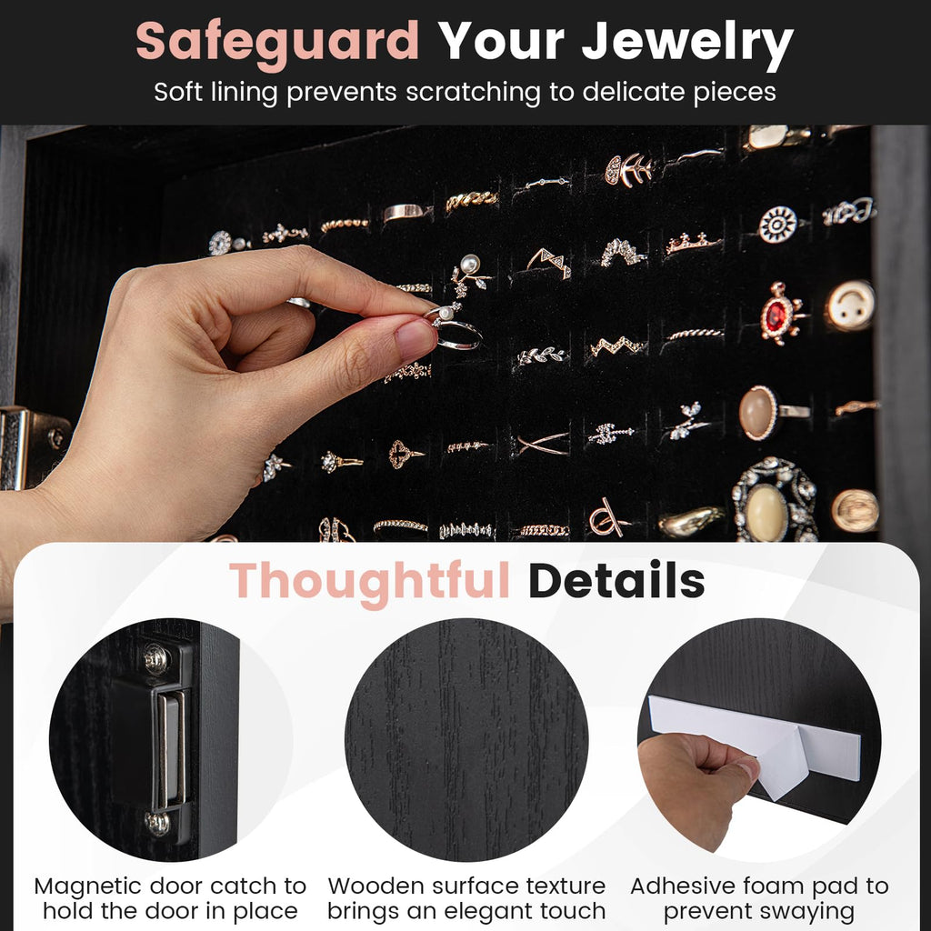 42" Jewelry Armoire, Wall/Door Mounted Hanging Jewelry Cabinet (Black)