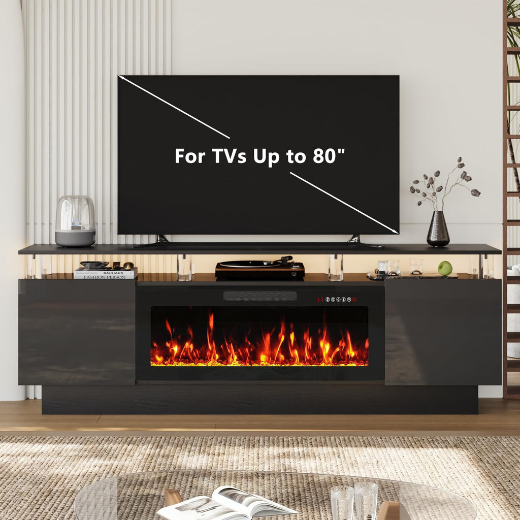 With 36" Fireplace, 70 Inch Black Fire Place TV Stands, Modern Electric with Cabinets & Acrylic Columns
