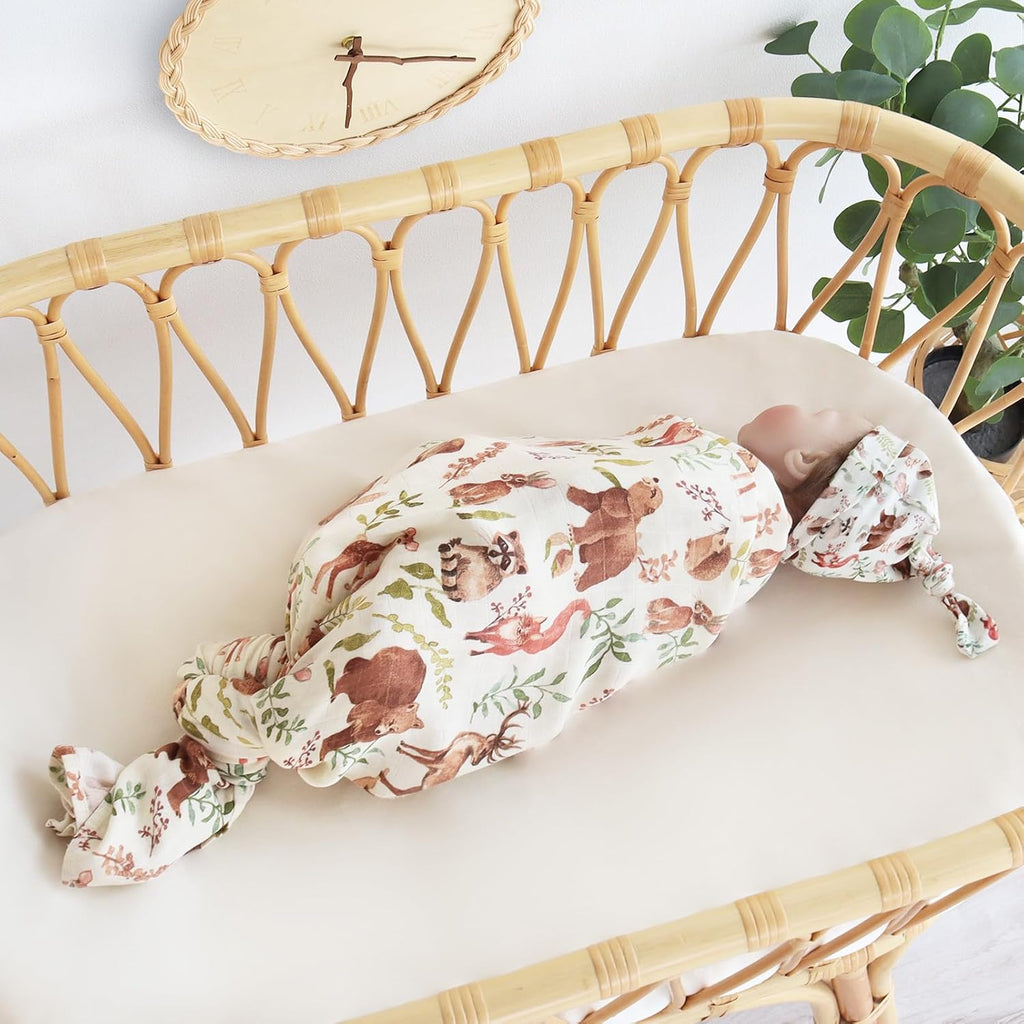 Muslin Swaddle Blankets, Muslin Baby Boy Swaddle Blanket and Hat Set with Birth Announcement Card, Newborn Unisex