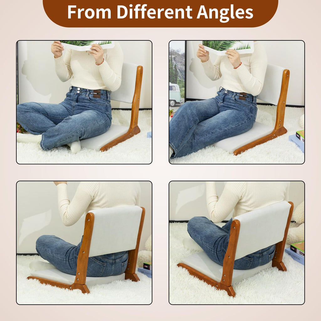 Floor Chair with Back Support, Foldable Japanese Style Floor Chair, Wood Legless Tatami Chair with Cushion, Accent