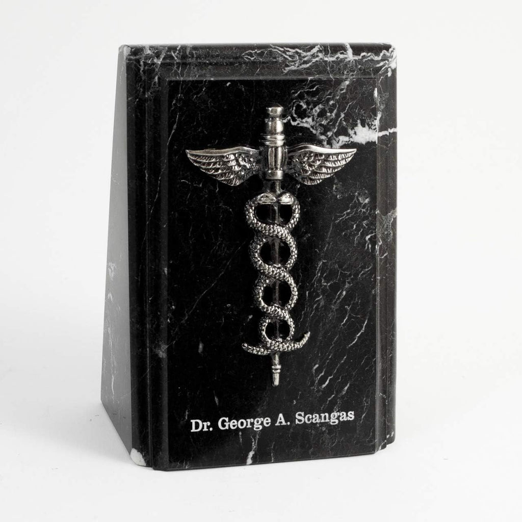 Personalized Marble Caduceus Bookends (Black, Set of 2), 7.25" Tall, 15 lb Heavy Medical Textbook Holders with Custom