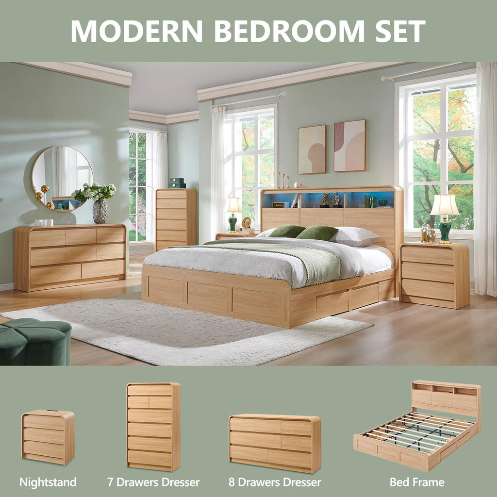 25" Tall Modern Nightstand with Charging Station, 23.6'' Wide Wood Bedside Table w/3 Storage Drawers, Small Dresser
