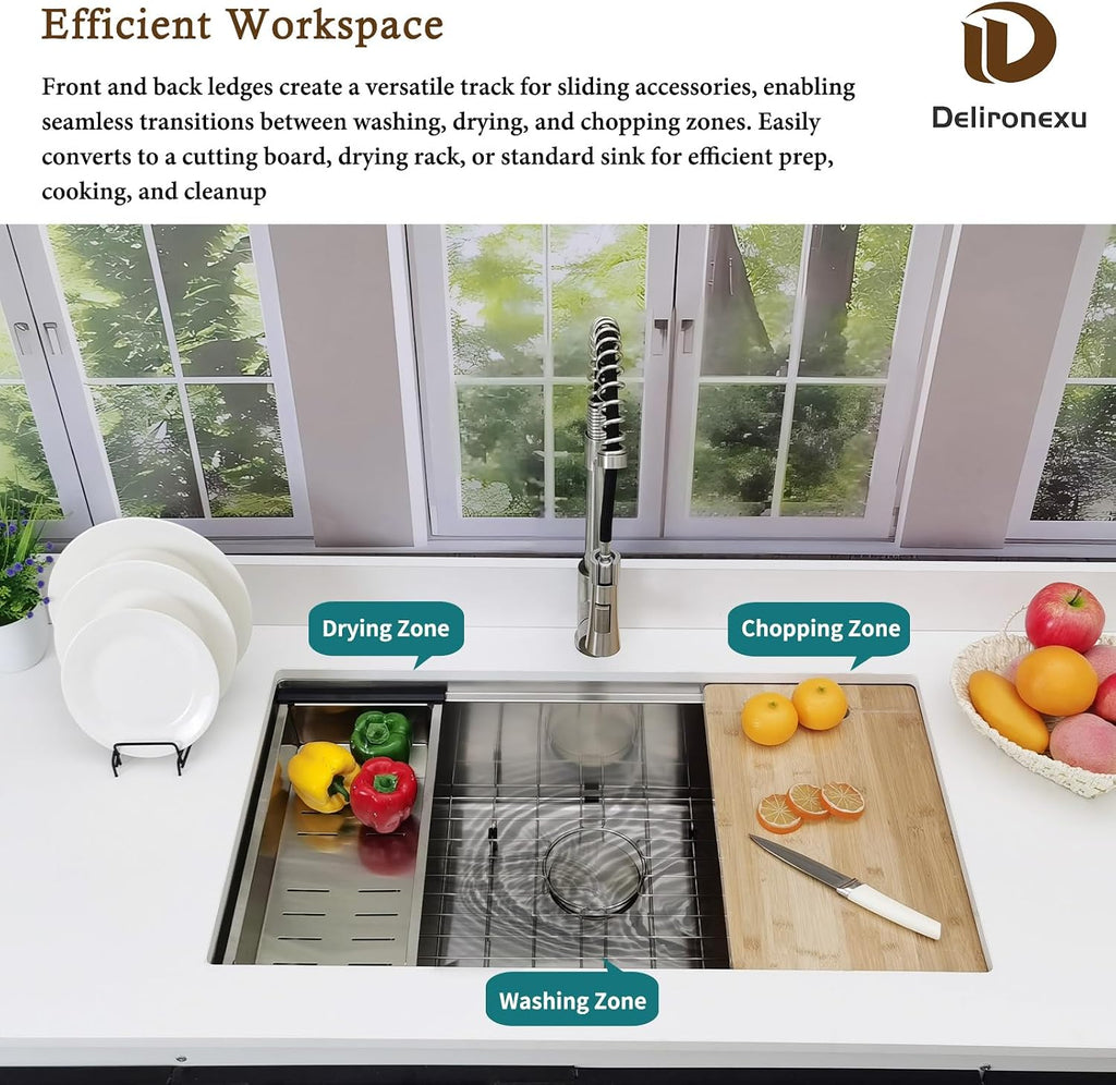 33x19 Undermount Kitchen Sink, 33 Inch Kitchen Sink Workstation, 16 Gauge 304 Stainless Steel Undermount Kitchen Sink