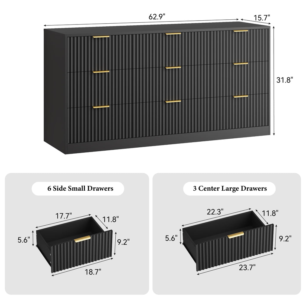 9 Drawer Dresser, 63" Wide Fluted Wood Dresser, Black