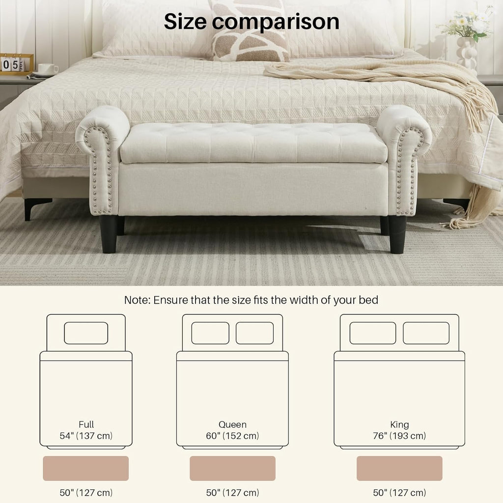 50" Storage Bench , Linen Upholstered, Beige | End of Bedroom Bed Bench Ottoman with Tufted Cushioned Rolled Arm