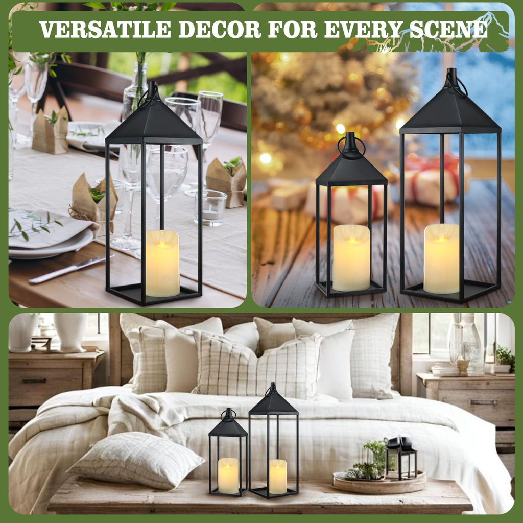17" 13" Modern Farmhouse Candle Lantern Decor Set of 2 Black Metal Candle Lanterns with Flameless Candles, Lanterns