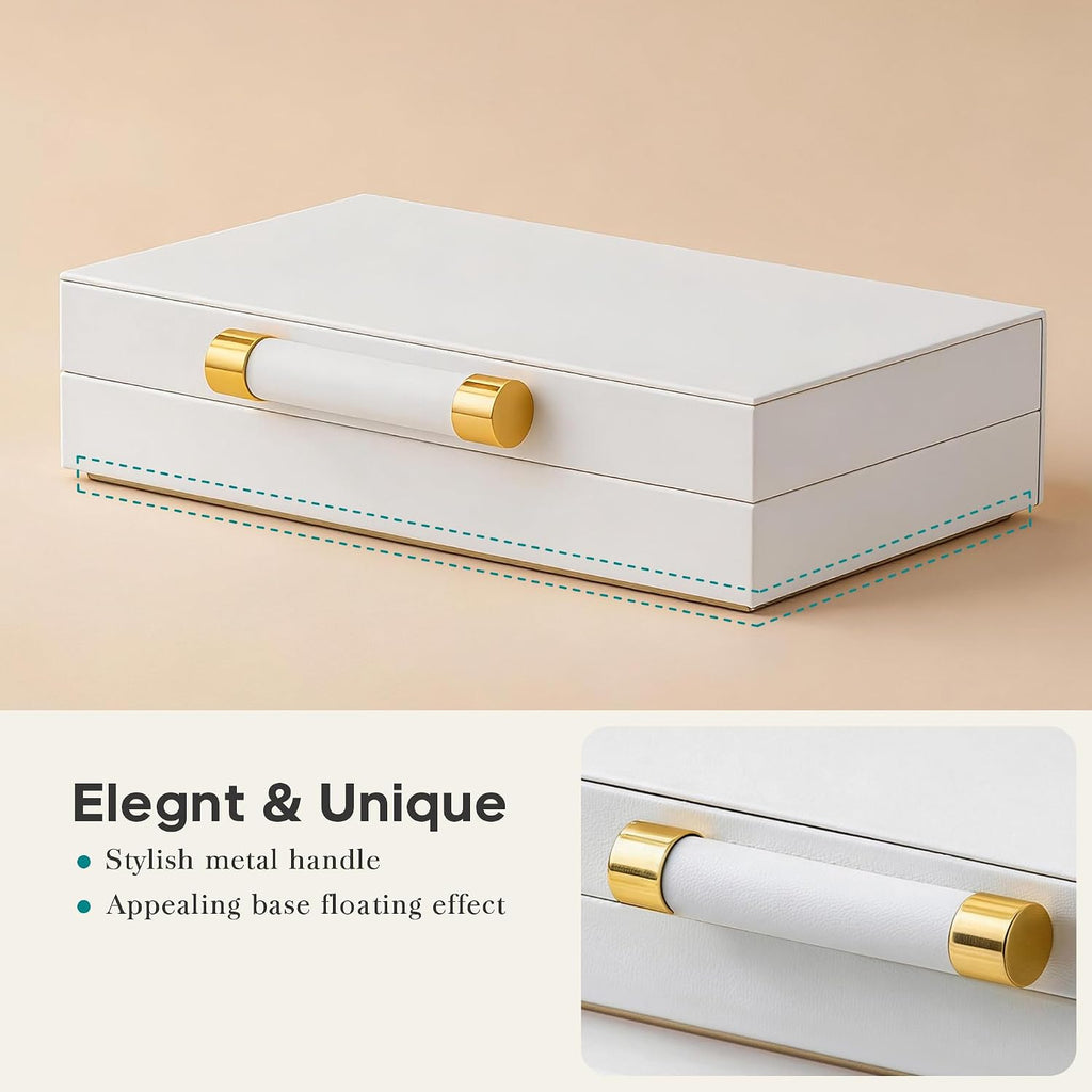 Decorative Storage Boxes with Lids Decor - Large White PU Leather Memory Box for Keepsakes, 8 Necklace Hooks - Set of 2