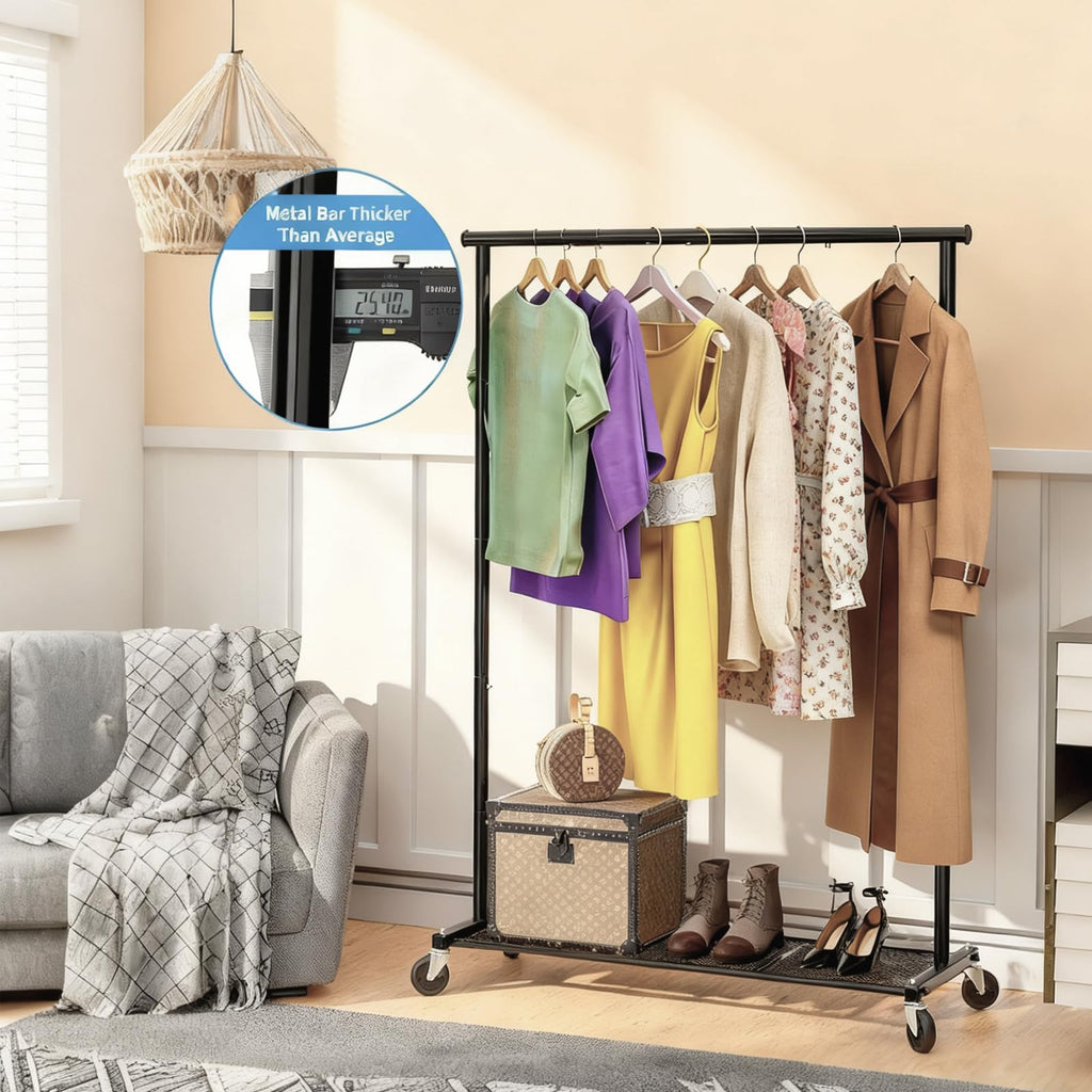 Clothes Rack for Hanging Clothes, 64.25 Inch Clothing Racks with Wheels, Portable Rolling Clothes Garment Rack