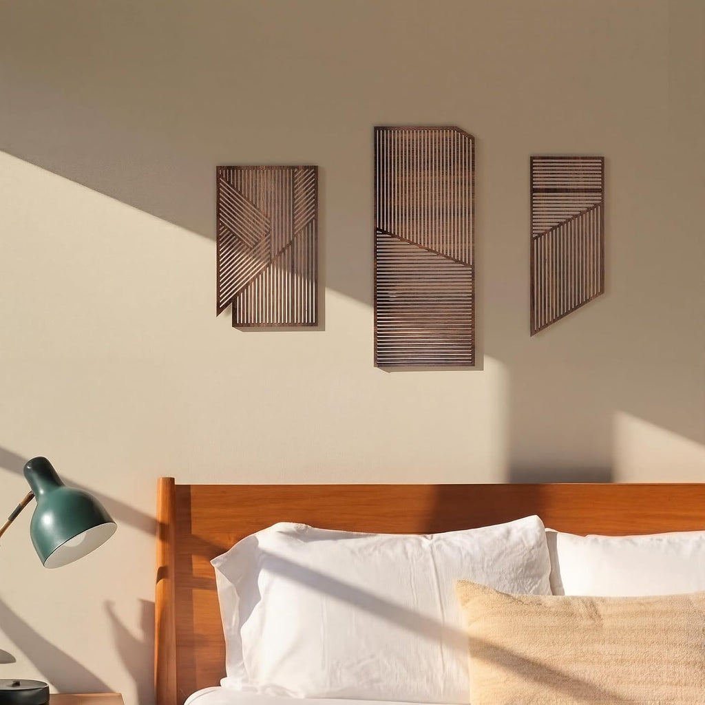 Mid Century Modern Wood Wall Art Decorations 3D Geometric Abstract Wall Sculpture Bedroom Office Minimalist - Set of 3