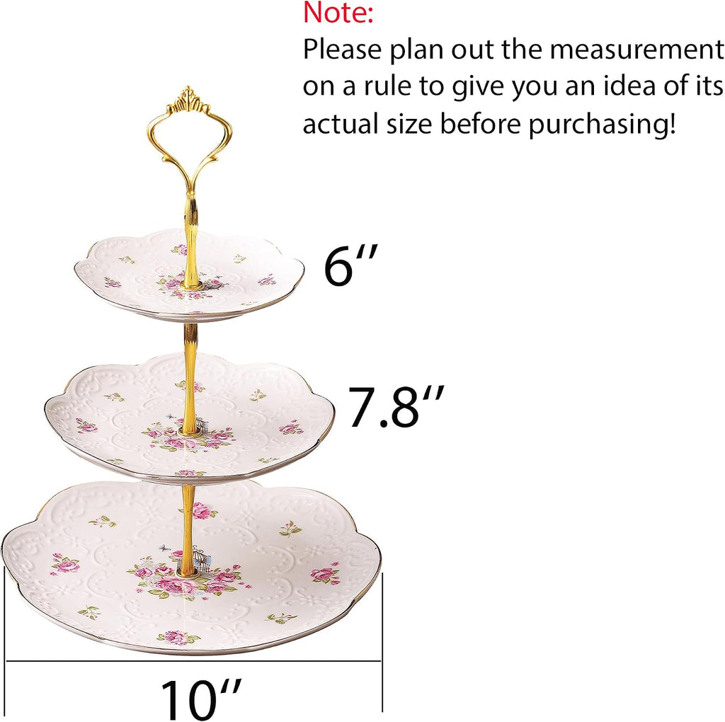 Embossed 3-tier Ceramic Cake Stand- Cupcake Stand with Golden Rim