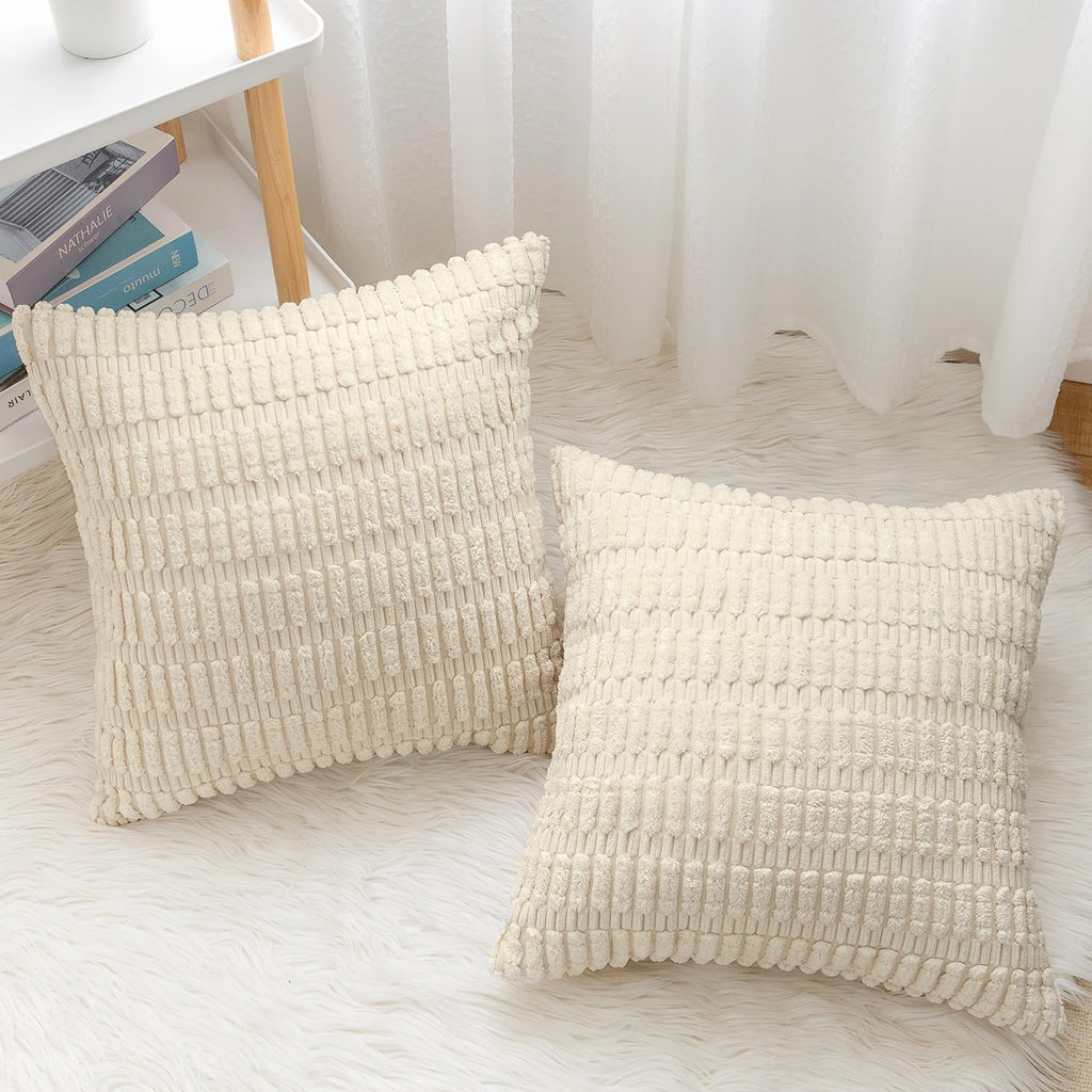 Corduroy Decorative Throw Pillow Covers, Boho Stripe Soft Square Cushion Case Home Decor Couch Bed Sofa, Set of 2