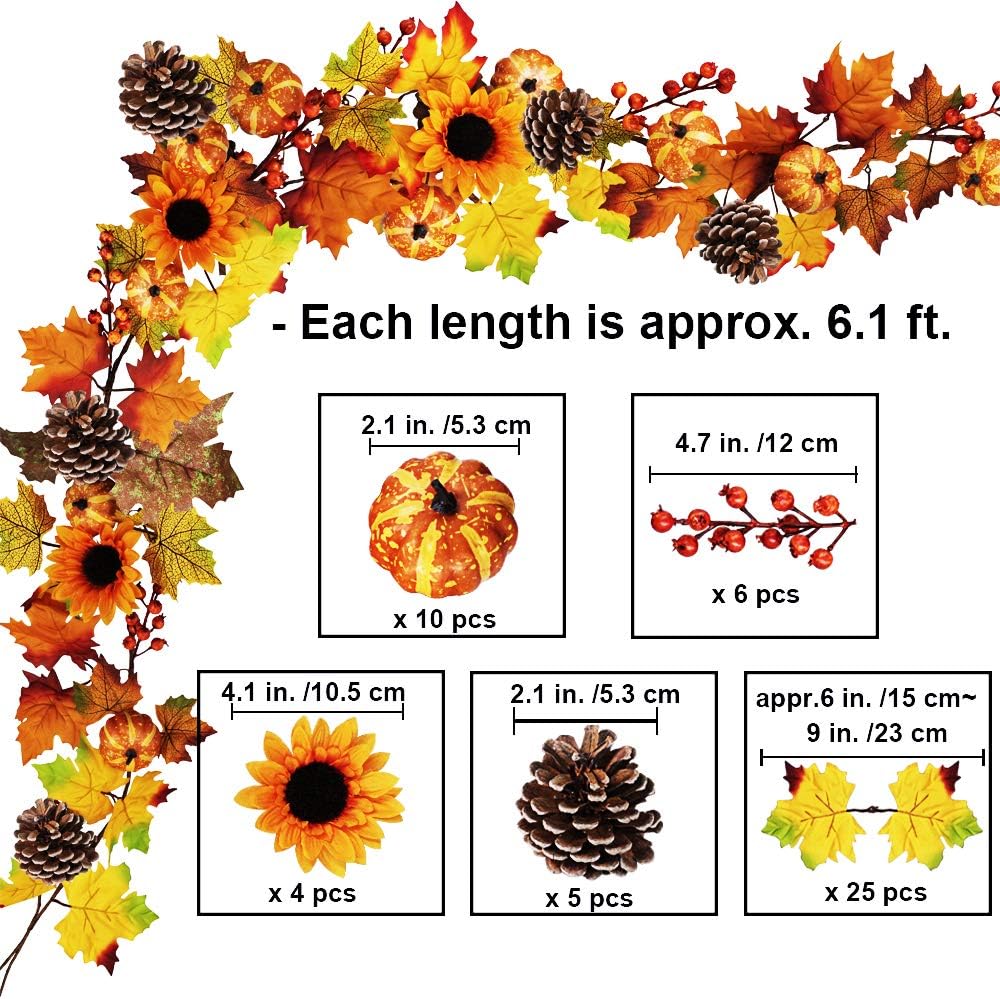 Fake Fall Maple Leaf Garland Hanging Vine- 6 Feet - Artificial Berries Sunflower Pumpkin Autumn Decoration