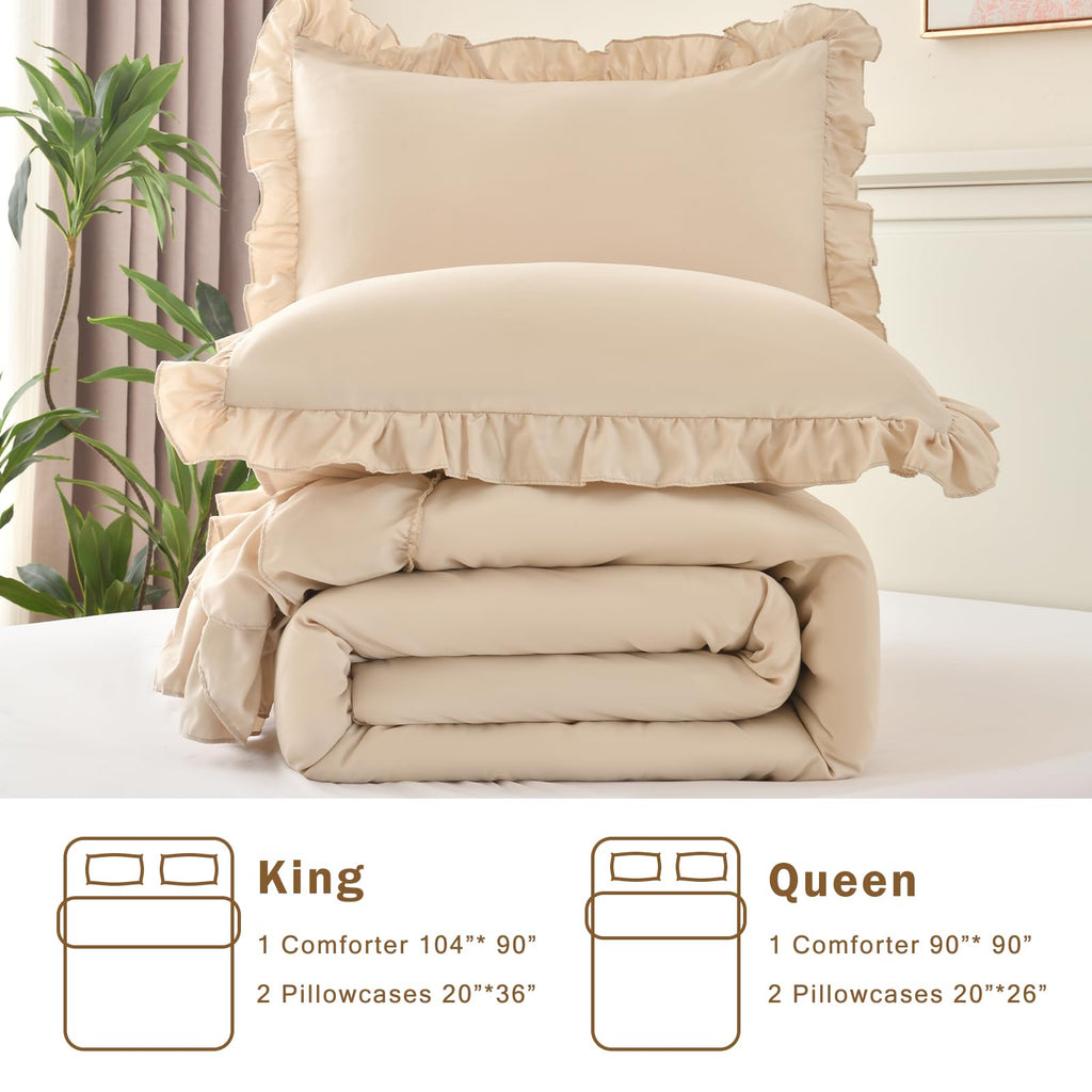 Beige Comforter Set, 3Pcs Comforters Ruffle Farmhouse Bedding Sets with Comforter, Lightweight Soft