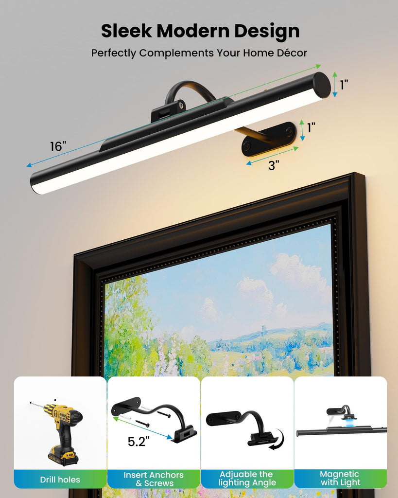 Picture Light for Wall Rechargeable Galley Light 16in Black