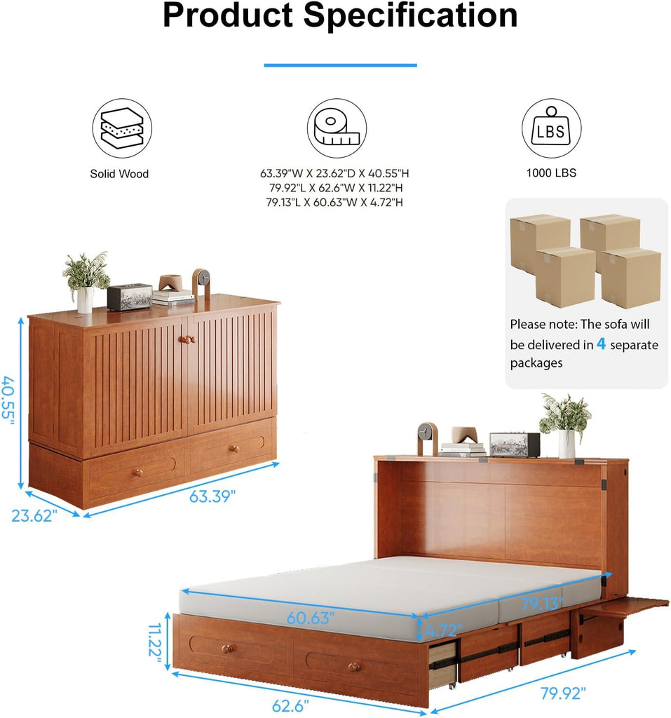 Queen Murphy Bed with Mattress Included, Folding Convertible Bed, Hideaway Cabinet Bed with Storage Drawer & USB