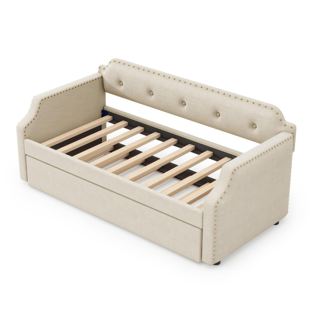 Twin Size Daybed with Trundle, Upholstered DayBed and A Trundle, Modern Tufted Sofa Bed Linen Fabric Daybed, Solid