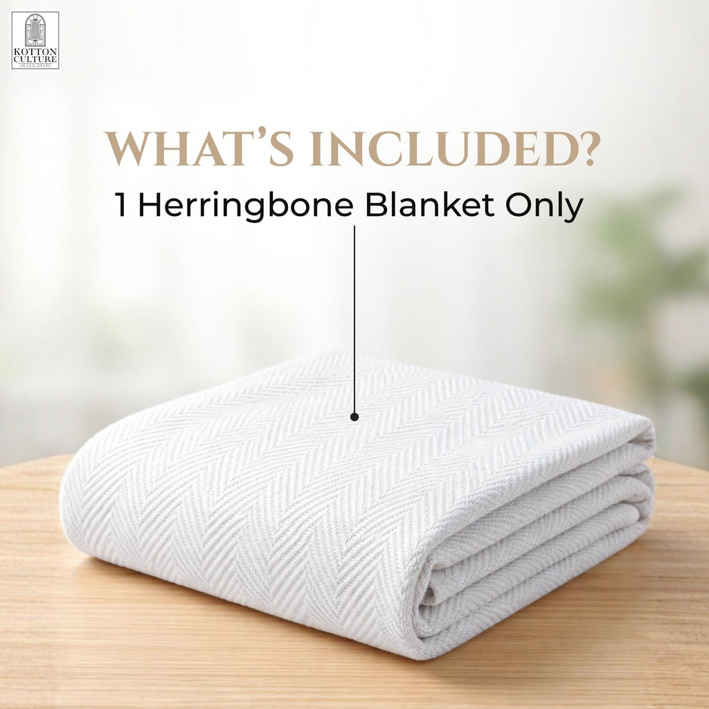 Luxury Cotton Blanket for Queen Size - Breathable Herringbone Blanket, All Season Bed Layering, 350 GSM Cozy Soft