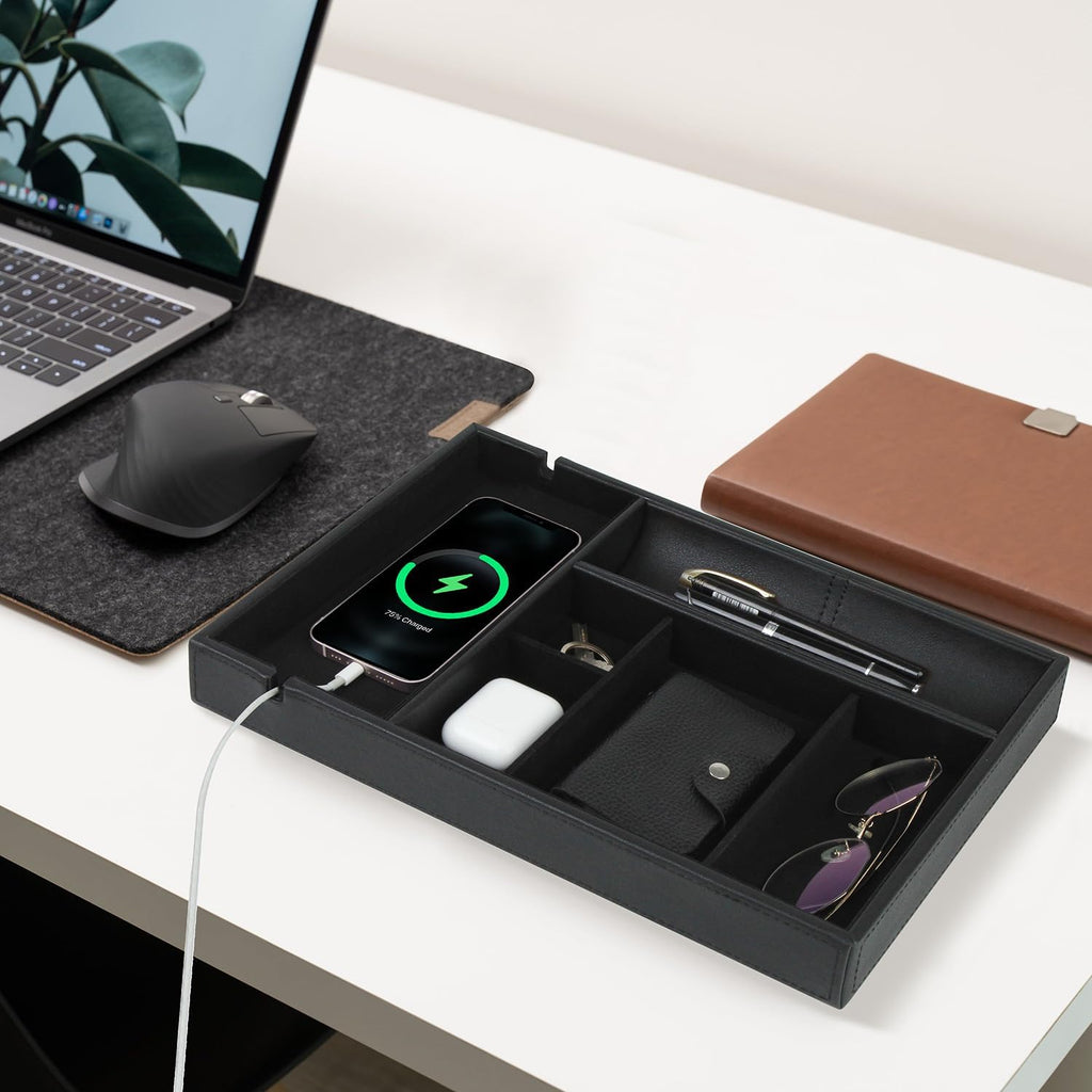 Faux Leather Valet Tray for Gift, Nightstand Organizer Decorative Dresser Tray Box with Phone Charging Station