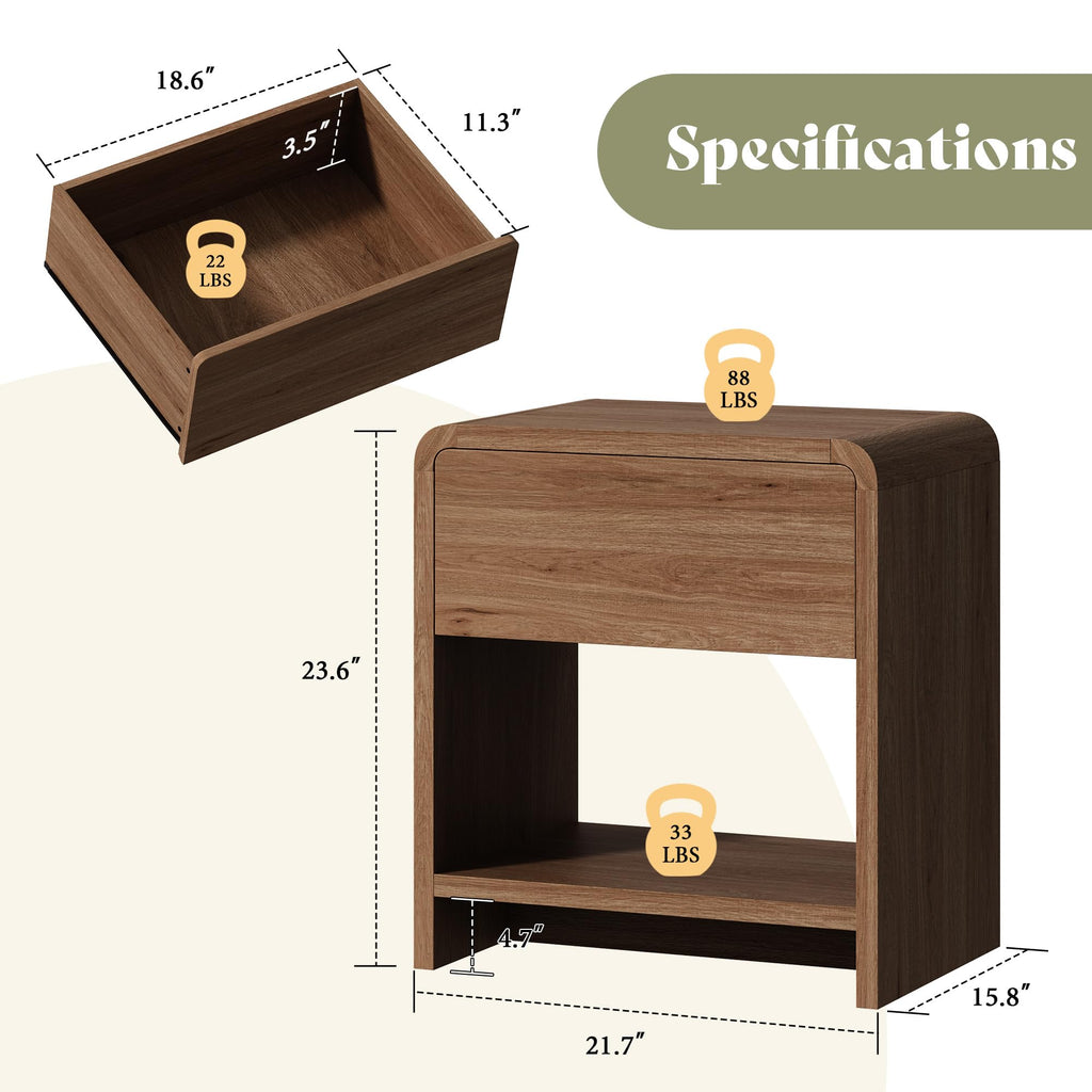 Nightstands Set of 2 with Storage Drawer & Shelves, Walnut