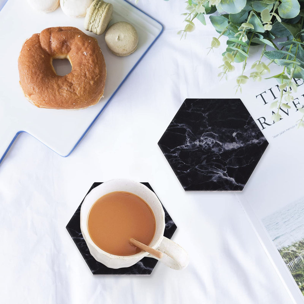 Black Coasters, Absorbent Coaster Set for Drinks Holder Marble Cork Costers