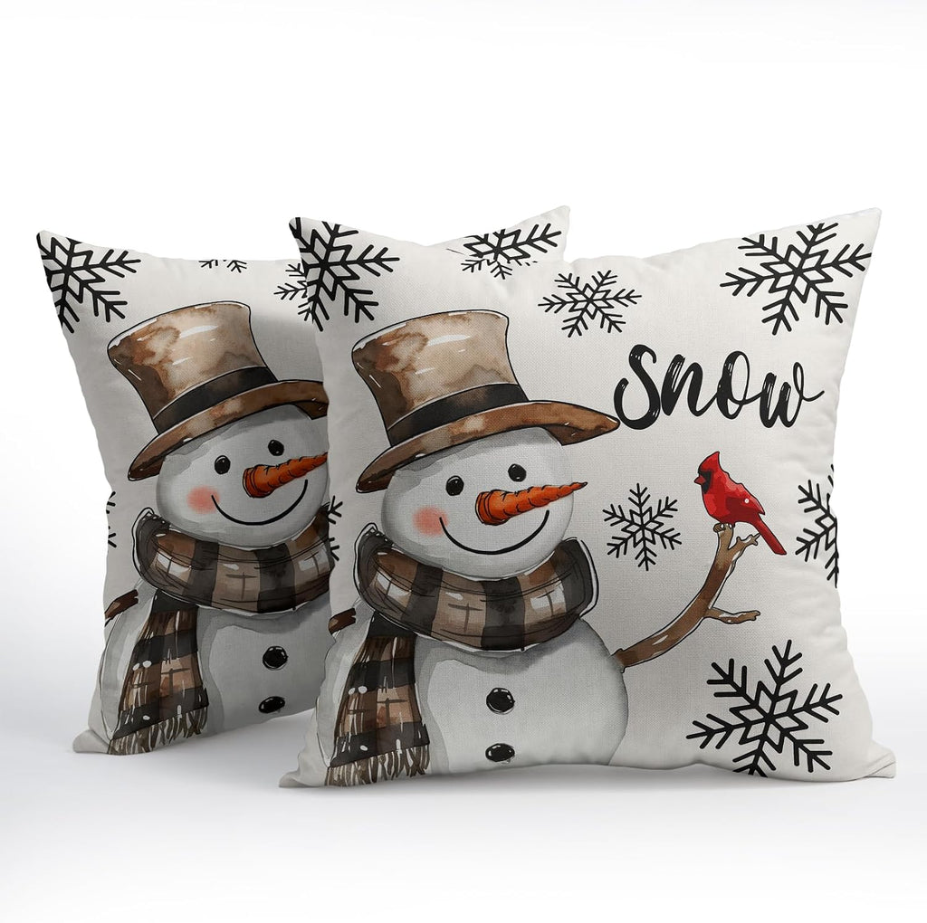 Snowman Throw Pillow Cover Christmas Pillowcase 18x18 Inch Snowflake and Red Cardinal Bird Decorative - Set of 2