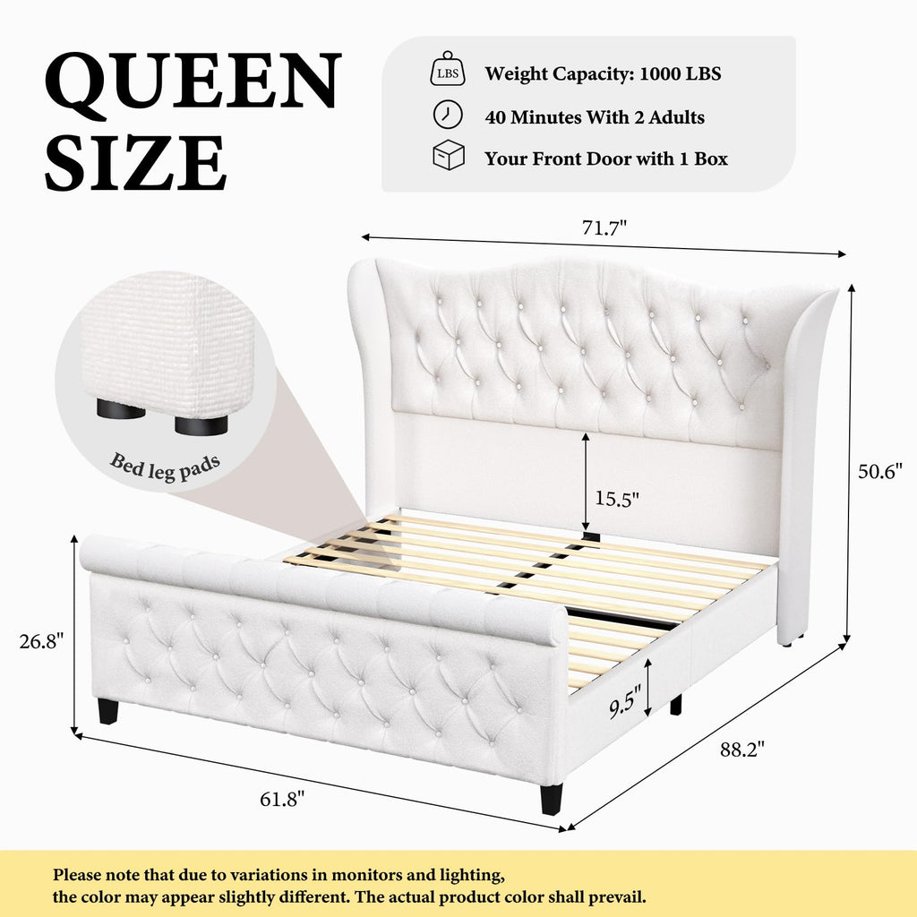 Bed Frame Upholstered Wingback Headboard Sleigh Footboard