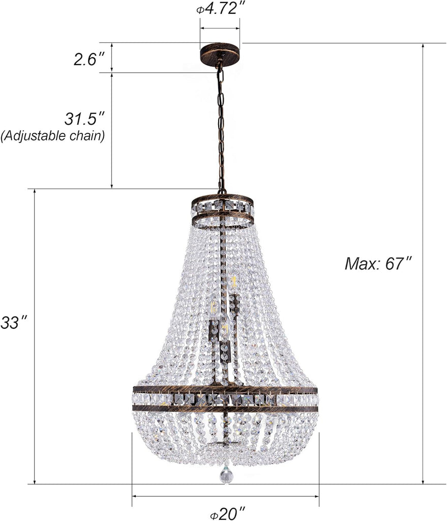 Crystal Chandelier Light, 8 Lights French Empire Chandeliers Lighting Ceiling Fixture Hanging Pendant for Dining Living Room Foyer Kitchen Bedroom Entryway, 20''W (Bronze, 20) A108-B0DQ59ZWDR
