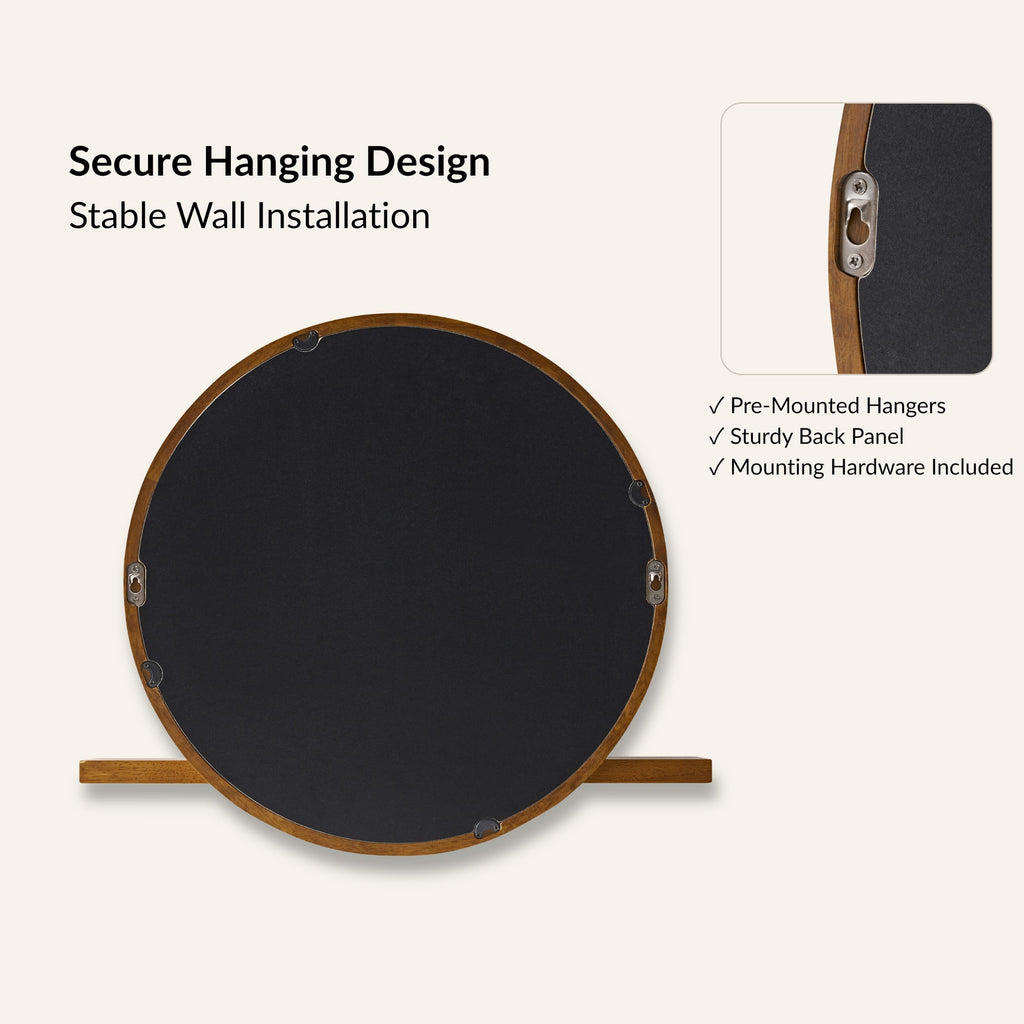 18" Round Wall Mirror with Shelf, Solid Wood Frame