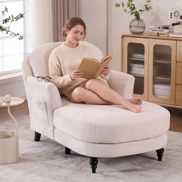 59.8" Chenille Chaise Lounge Chair Indoor Oversized Reading Chair, Beige