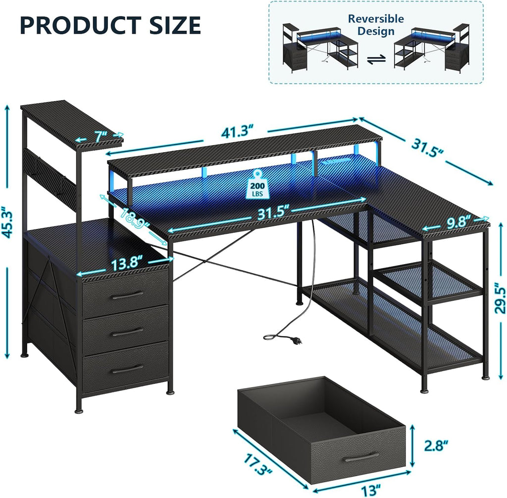 L Shaped Gaming Desk with Drawers & Storage Shelves for Game, Home Office | Corner Gaming Desk with Power Outlets &