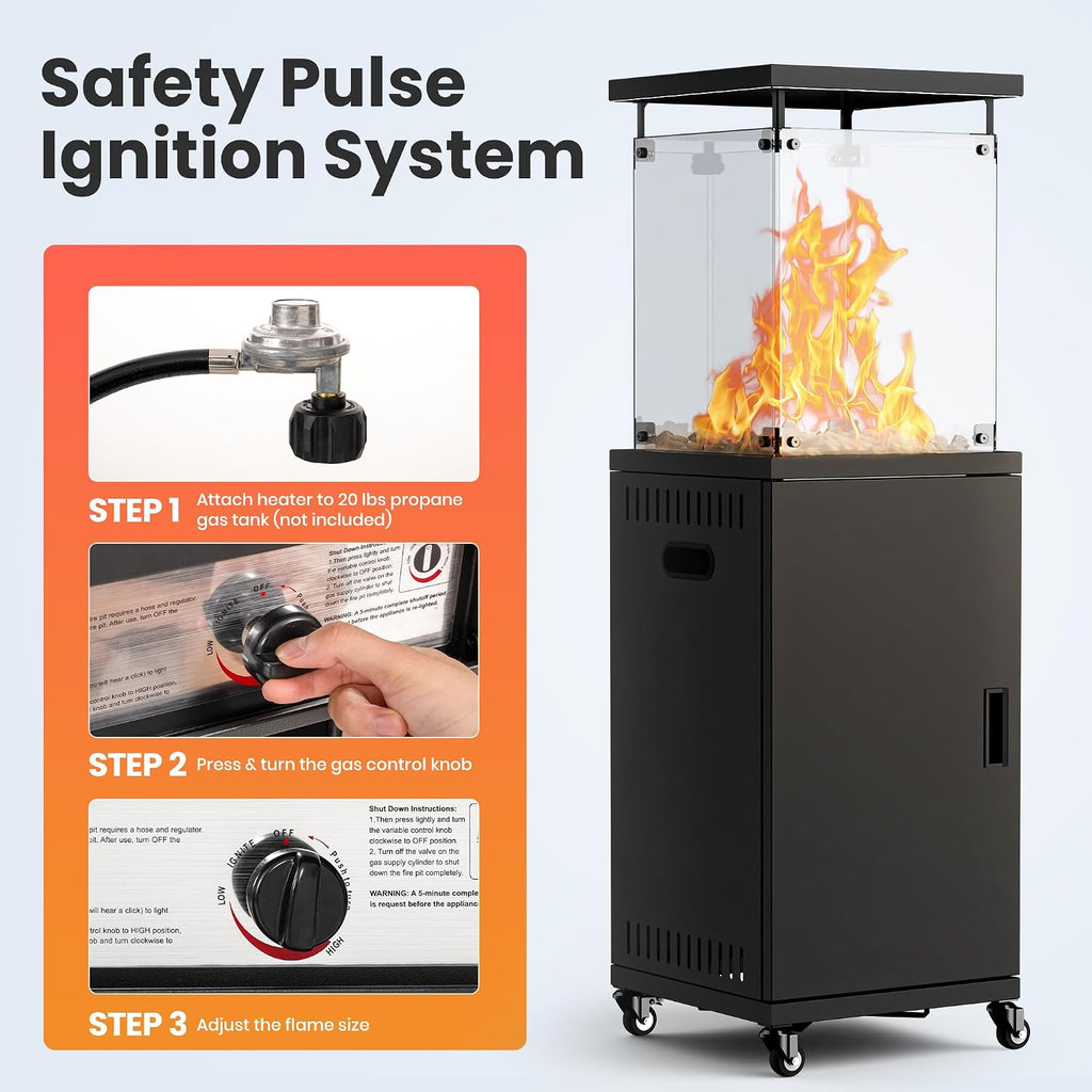 41,000 BTU Patio Heater,Propane Outdoor Heater With Cover,CSA Certificated, Lockable Wheels,Tempered Glass