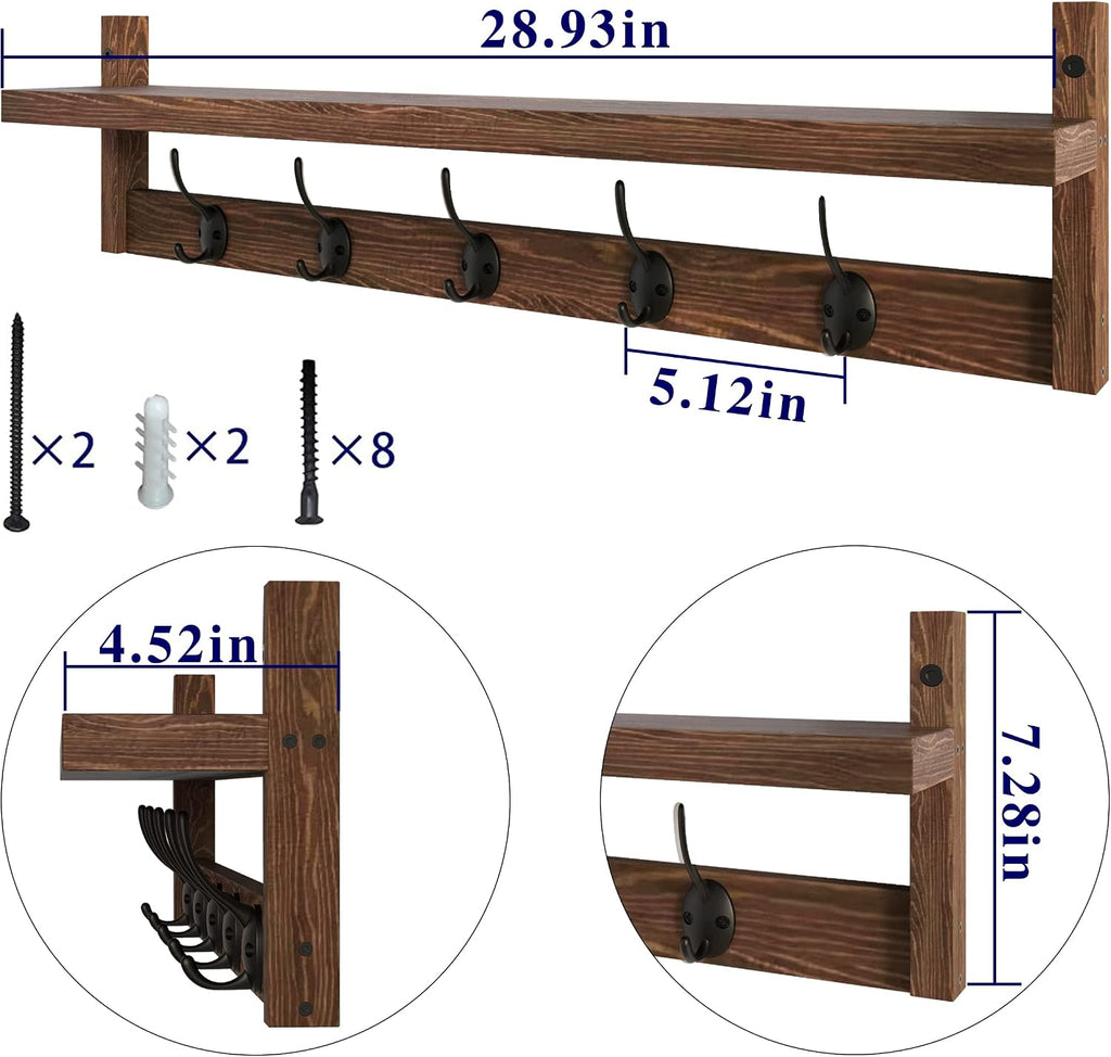 28.9 Inch Length Shelf with Hooks Entryway Coat Rack Wall Mount Wood Coat Hooks with Shelf Wall-Mounted Coat Hook