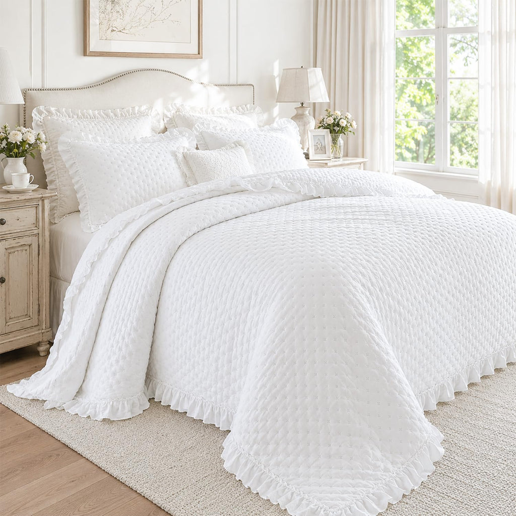 White Quilt Set, Oversized Ruffle Farmhouse Bedding