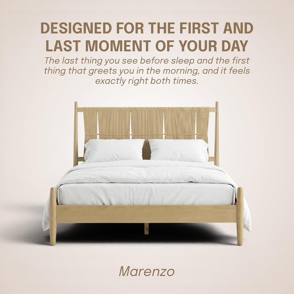 Marenzo Queen Platform Bed with Handwoven Headboard - American Oak Veneer, Solid Oak Legs, Artisan Craftsmanship