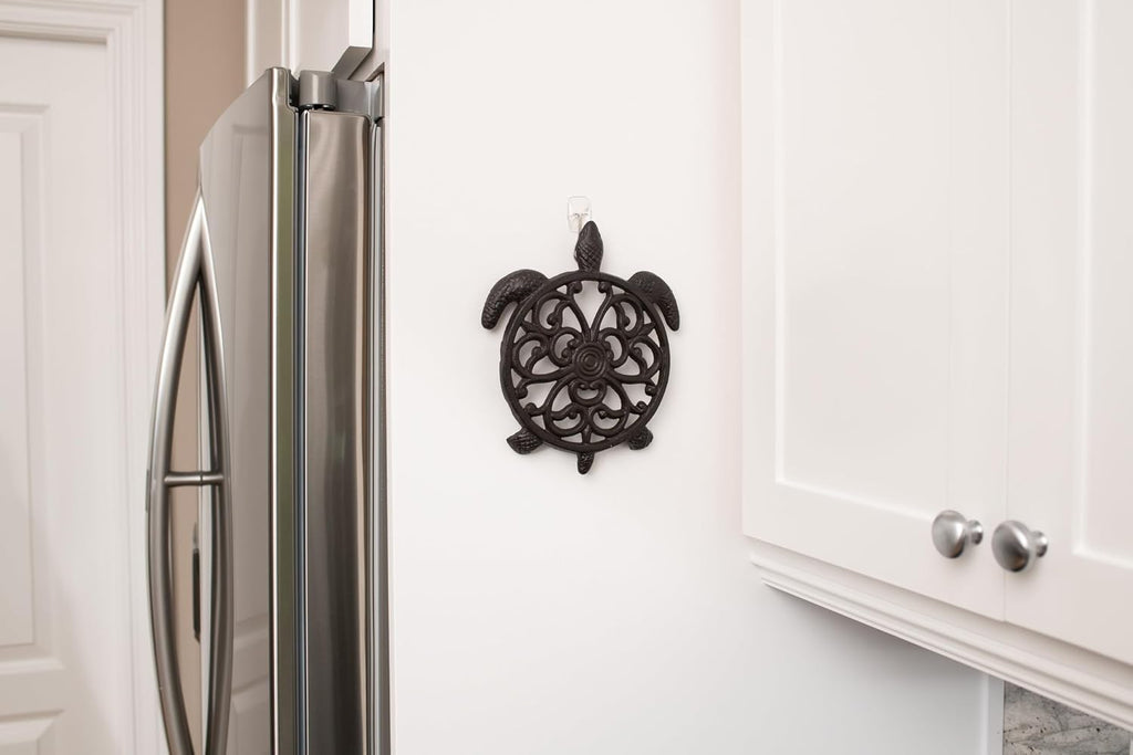 Cast Iron Trivet for Hot Dishes, Pots, and Pans, Metal Trivet, Sea Turtle Design, Rubber Feet Caps, Ring Hanger, 8.25