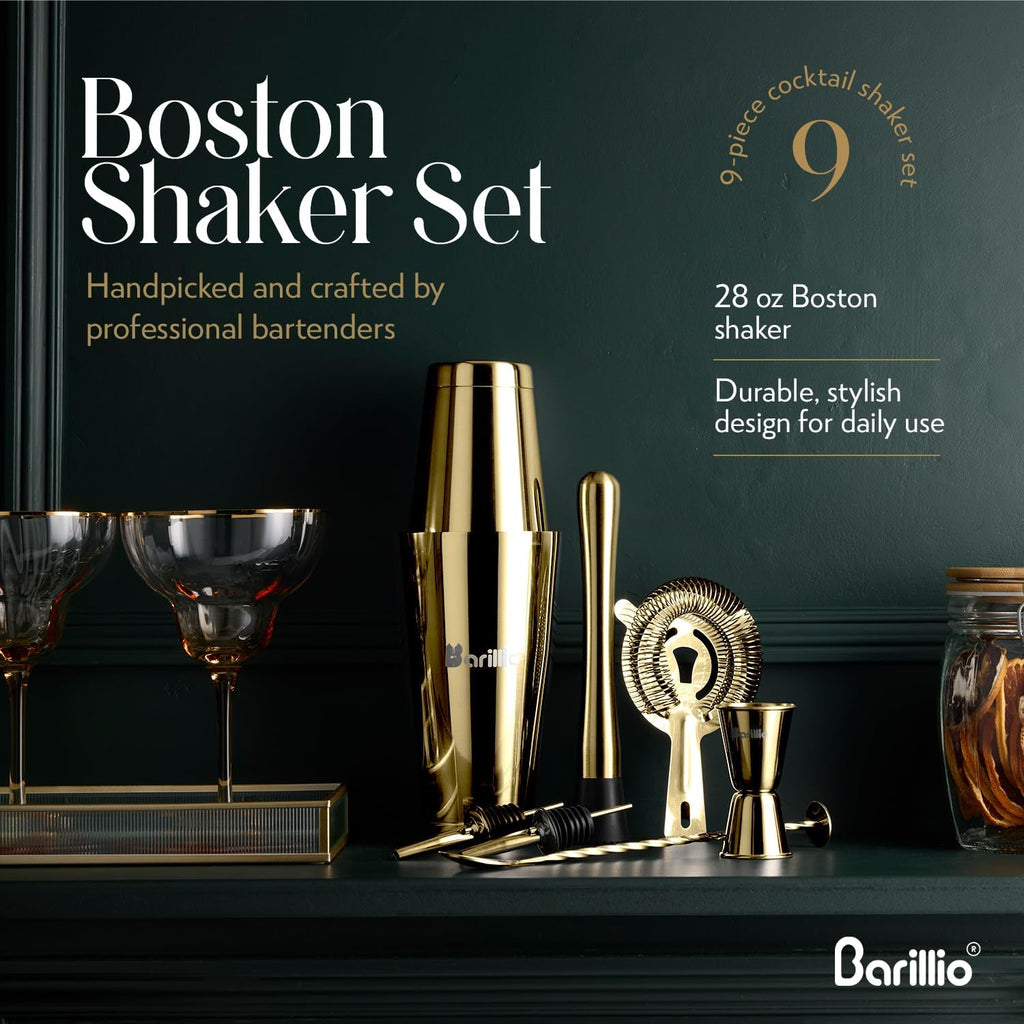Gold Boston Shaker Set - Stainless-Steel, Weighted Martini Cocktail Shaker Set w/Strainer & Drink Mixer - Mixology - Set of 9