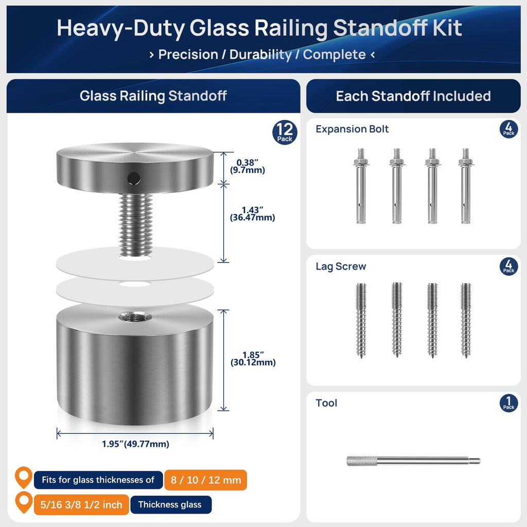 12 Pack Marine-Grade SS316 Solid Heavy Duty Glass Railing Standoff