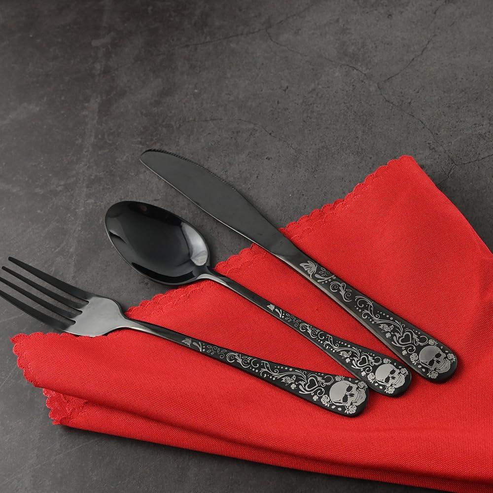 Skull Black Silverware Set for 4, 20-Piece Black Flatware Set, Gothic Skeleton Cutlery for Decoration, Halloween