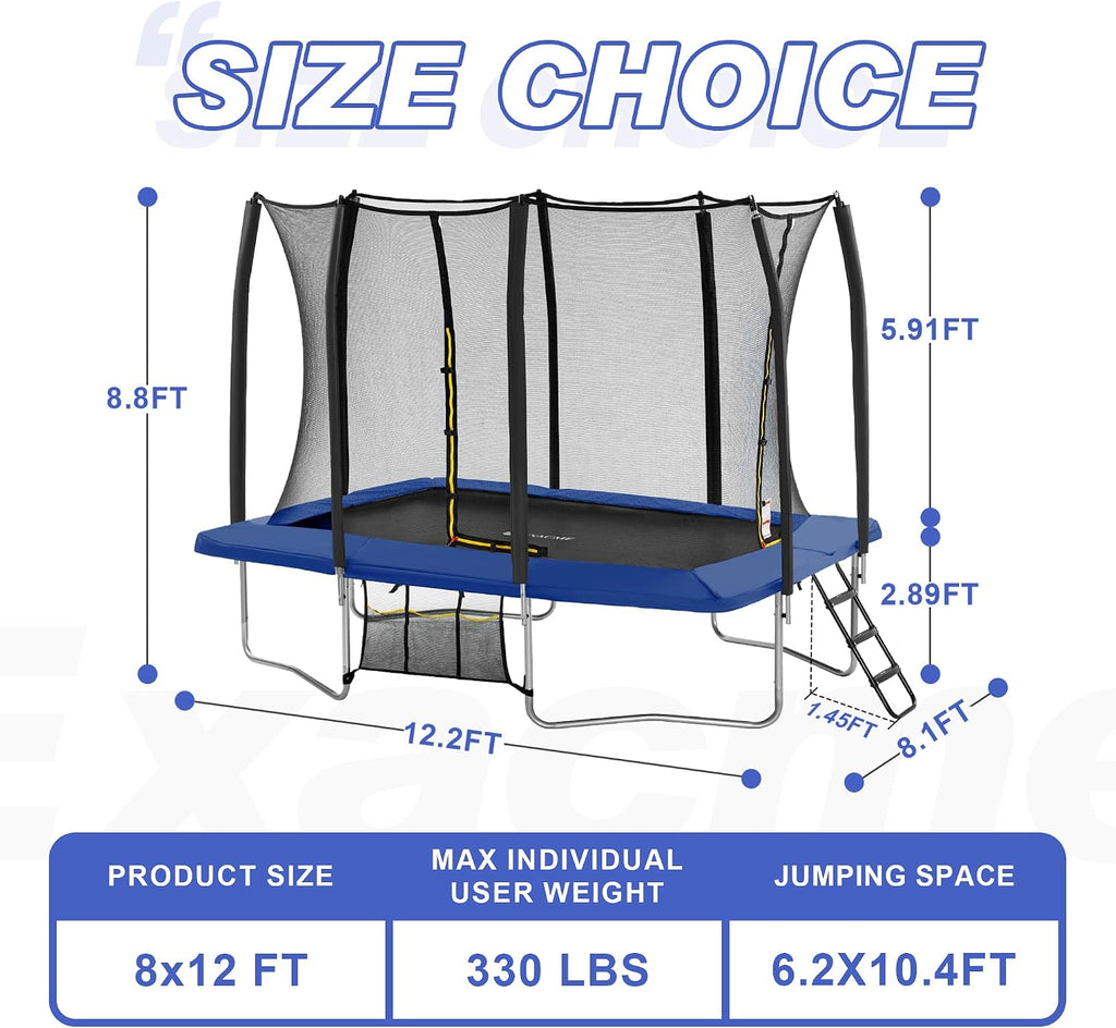 7X10 8X12 Foot Rectangle Trampoline for Kids, Double Enclosure Openings, Small Outdoor Rectangular Trampoline with