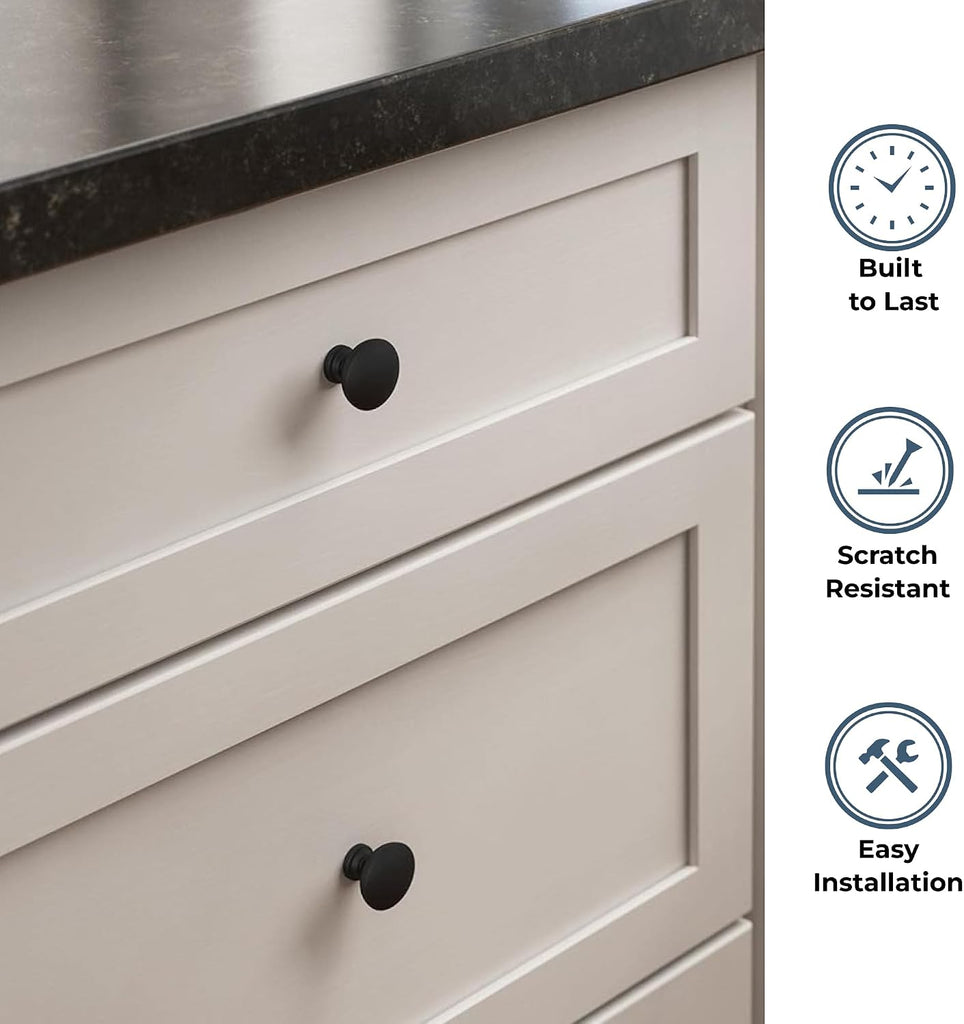 Fulton Matte Black Round Cabinet Knobs 1-3/16" Easy Install, Durable Hardware for Drawers, Dresser, Kitchen Cabinet