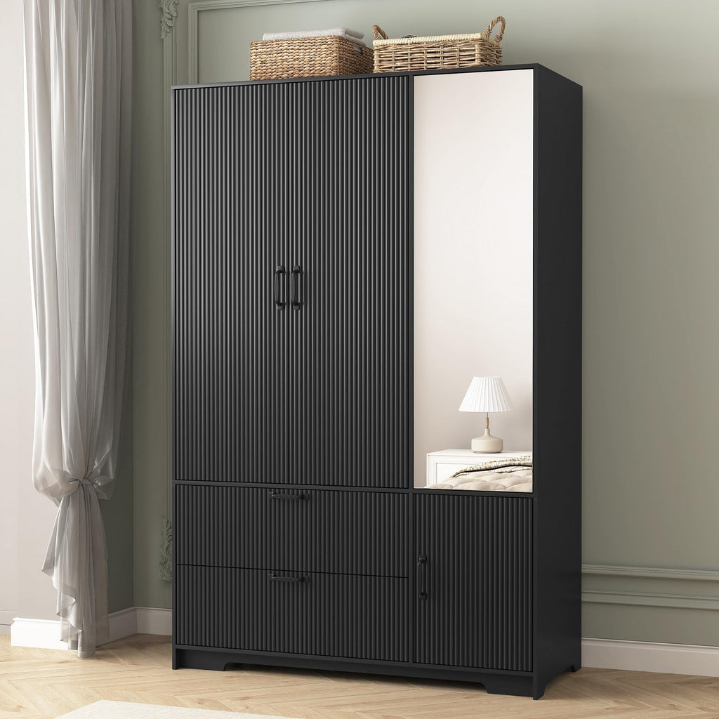 72'' Fluted Armoire Wardrobe Closet with Mirror Door and 2 Drawers, Tall Bedroom Armoire Wardrobe Cabinet with Hanging