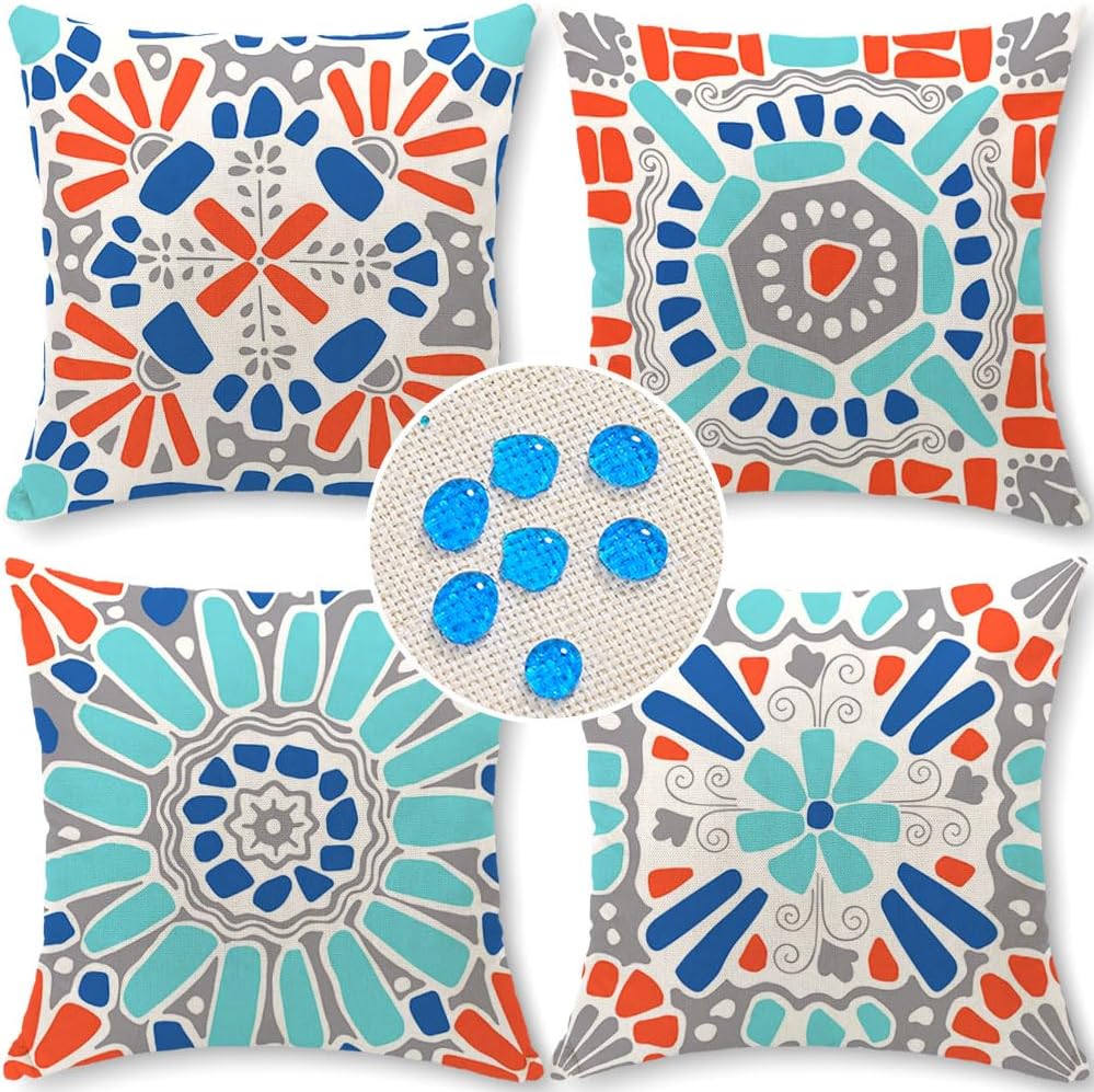 Outdoor Pillow Covers 18x18 Set of 4 Morden Geometric Patterns Waterproof Throw Outdoor Pillows Boho Decorations for