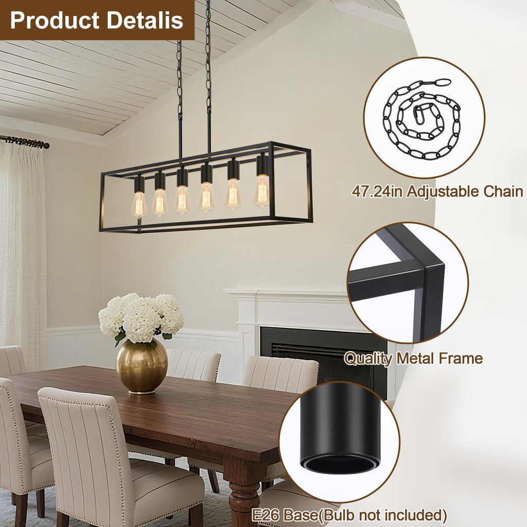 6 Light Black Chandeliers, Adjustable Height Linear Chandelier Kitchen Light Fixture, Modern Farmhouse Chandelier