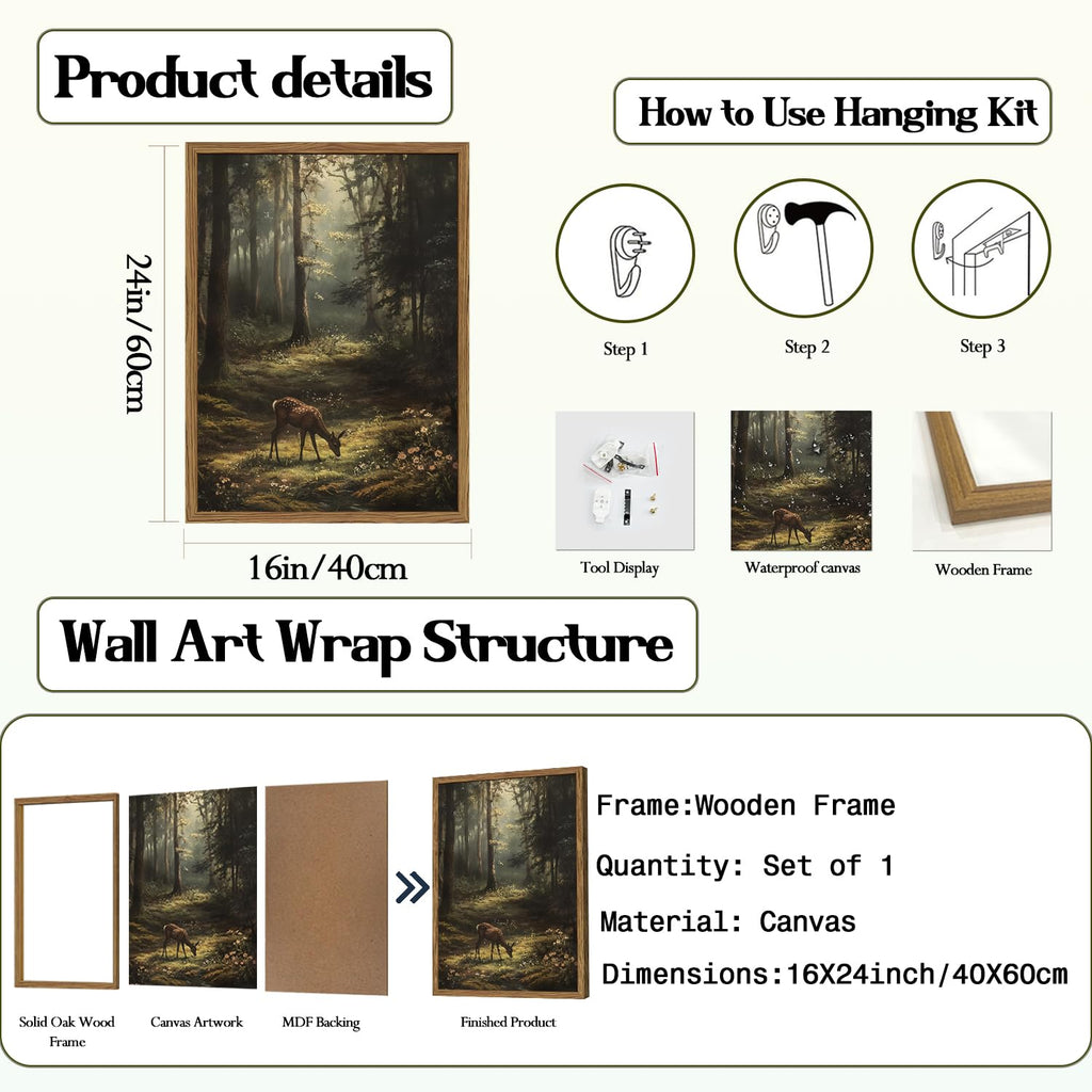 Framed Vintage Forest Deer Canvas Wall Art, Rustic Nature Landscape Paintings Wall Decor, Woodland Animal Pictures