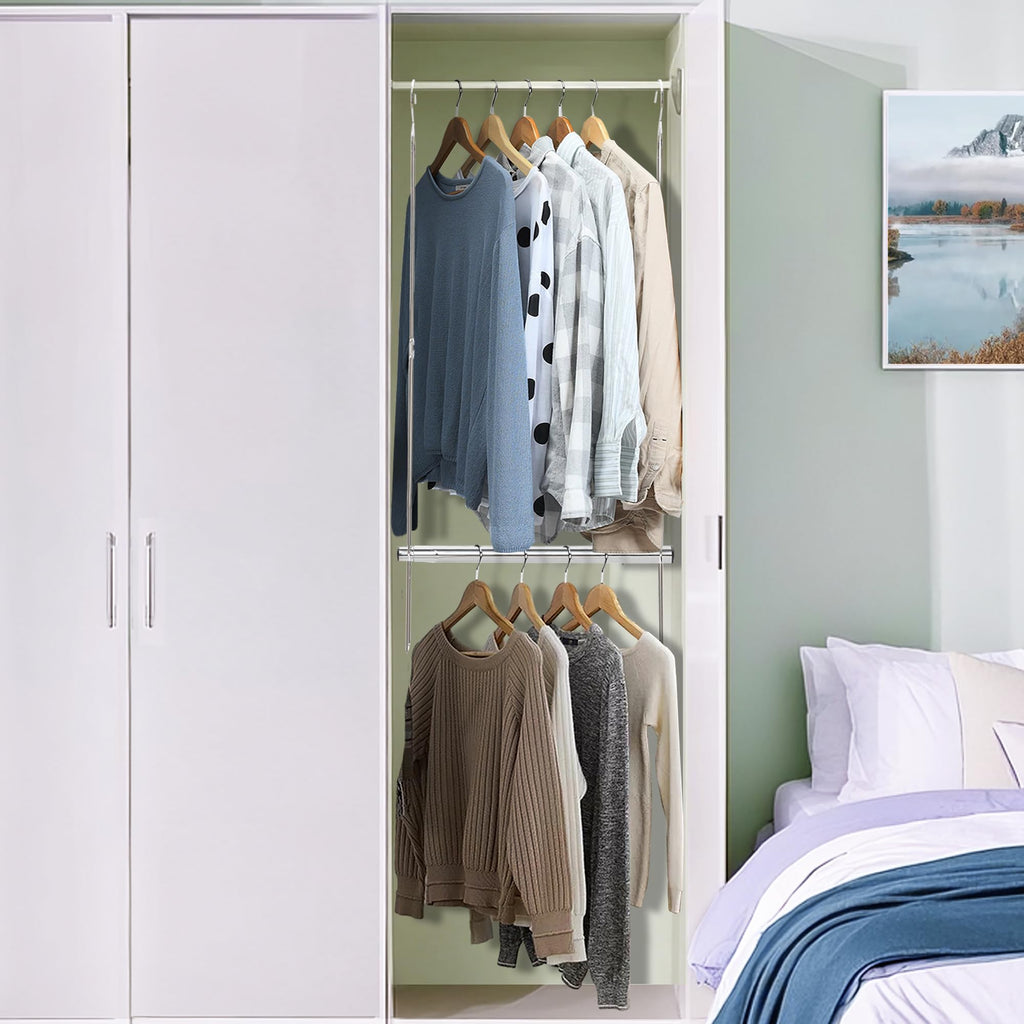 Hanging Closet Rod, Adjustable Width and Height Closet Hanging Organizer, Space-Saving Clothes Hanging Bar, Closet