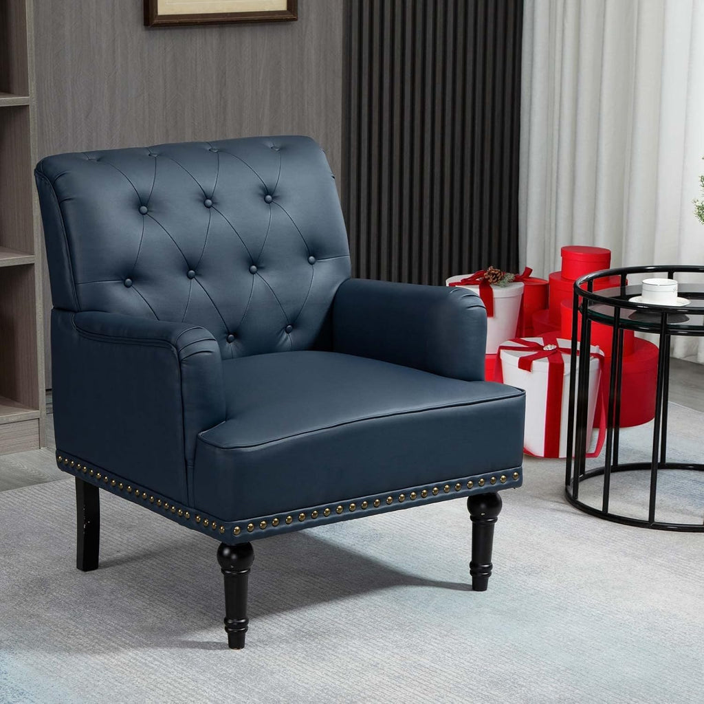 PU Leather Accent Chair, Mid-Century Armchair Living Room Sofa Chair with Rubber Wood Leg, Club Chair with Rivet Trim