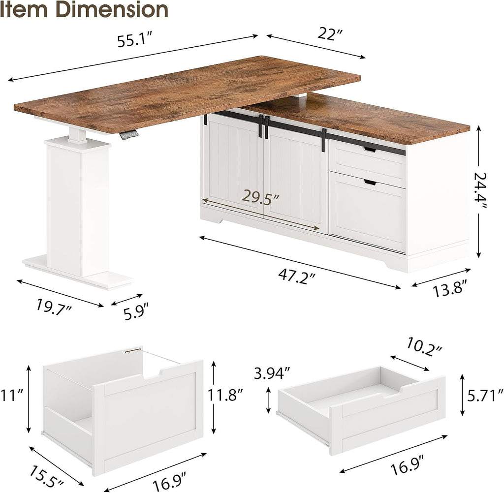 55" Farmhouse L Shaped Standing Desk with Storage Drawers, White | Home Office Electric Remote Work Desk with Cable